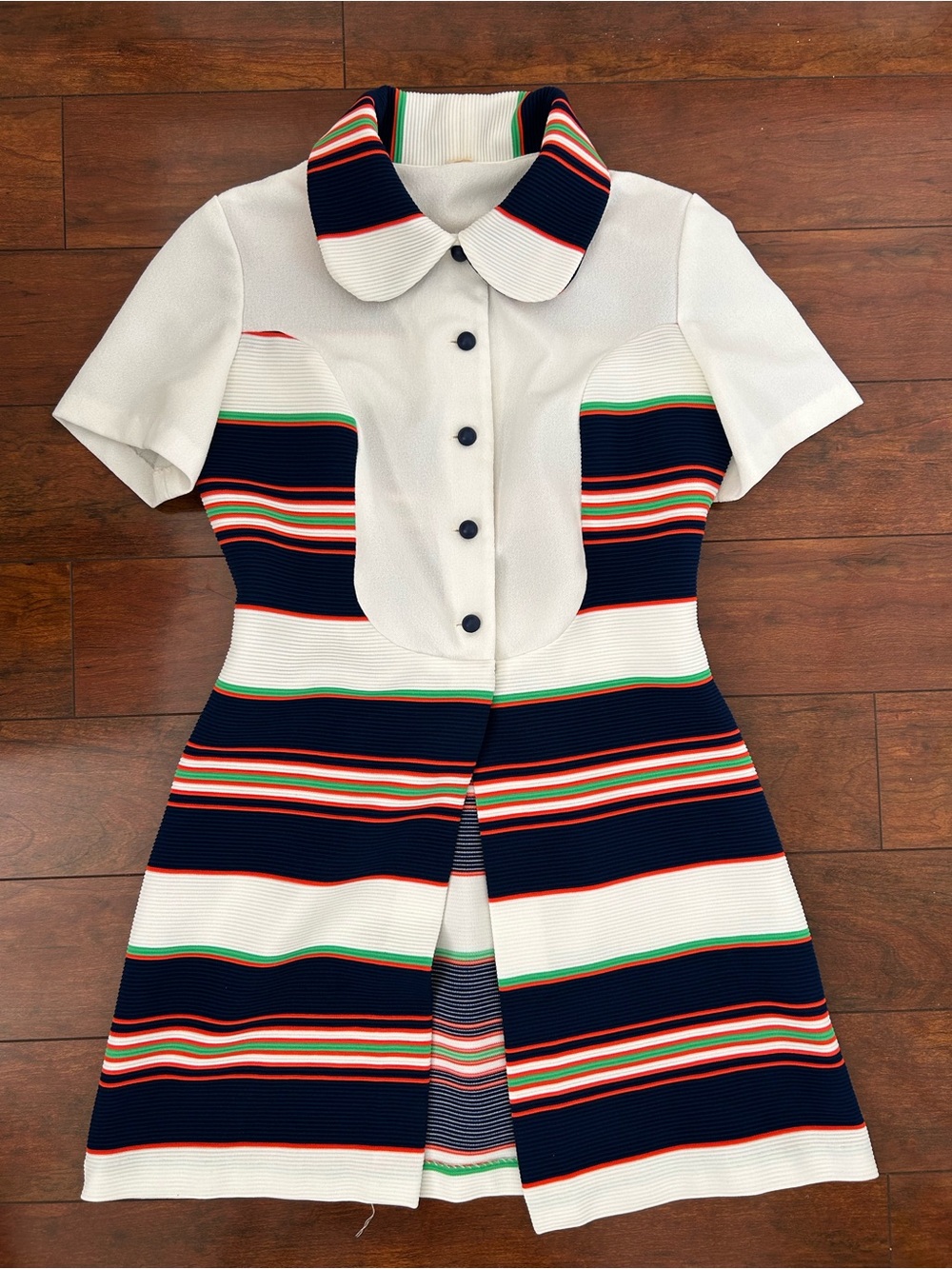 Vintage 70s Mod Stripe Dress Peter Pan Collar Fit Flare